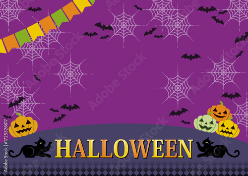 ハロウィンのイラスト背景用デザイン「ジャックオーランタンと蜘蛛の巣と蝙蝠と黒猫」コピースペース（Halloween illustration background design "Jack-o'-lantern, spider web, bat and black cat" copy space.）