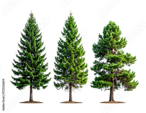 Three coniferous trees in a row, various needle types, rich green tones