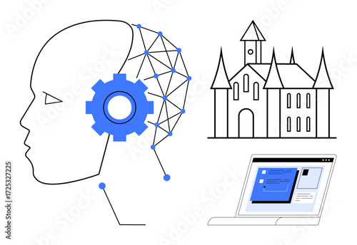 Human profile with AI nodes, gear mechanism, a medieval castle, and a laptop screen. Ideal for technology, innovation, AI, history education futurism creativity concepts. Simple flat metaphor