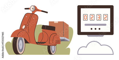 Red retro scooter with delivery box parked near digital counter over cloud element. Ideal for delivery, logistics, transportation, e-commerce, tracking, sustainability, mobility. Simple flat metaphor