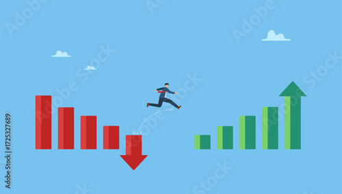 Businessman investor jumping from red to rising up arrow. Economic and investment improvement or recover from crisis, stock market or crypto uncertainty, change from down turn to rising up.