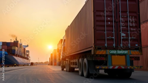 A cargo truck is seen transporting containers at a bustling port during sunset. The warm glow highlights the busy shipping environment and containers stacked tall