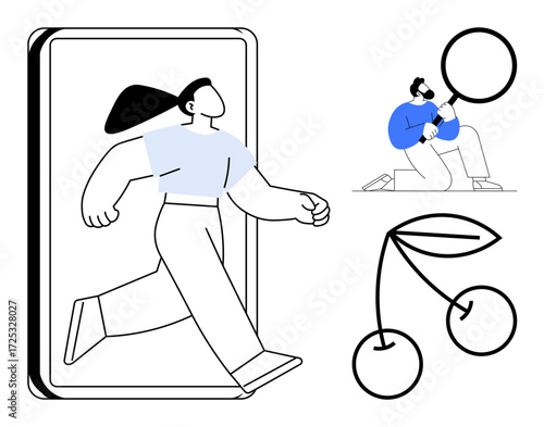 Person stepping through a frame, another examining with magnifier, and stylized cherries. Ideal for creativity, growth, exploration, discovery, innovation progress healthy lifestyle. Simple flat