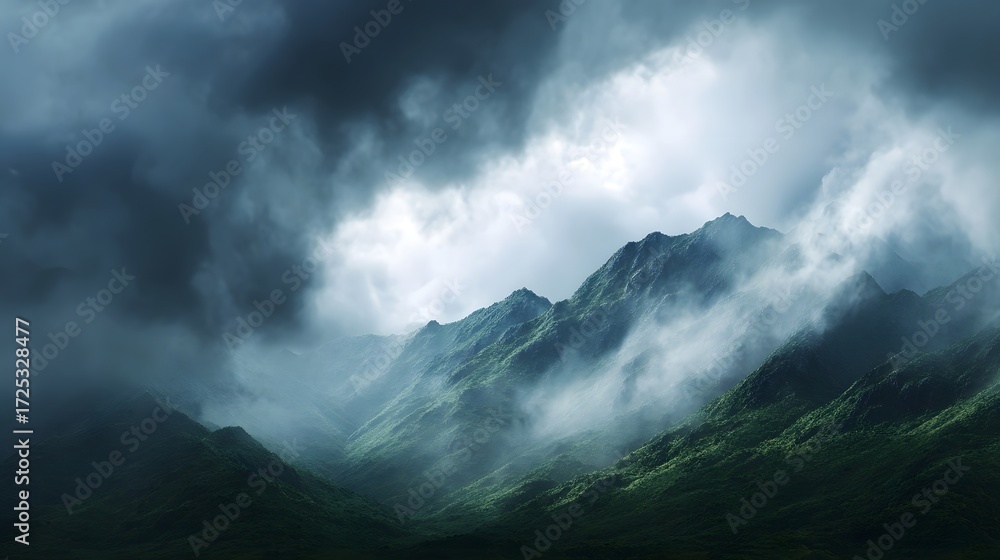 Naklejka premium Dramatic mist shrouded green mountain ranges under a stormy cloudy sky with atmospheric lighting