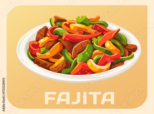 Fajita Icon Vector Illustration Isolated on Beige Background. Thin strips of meat and colorful bell peppers on a plate, popular Mexican dish. The flat design style makes this icon a versatile choice