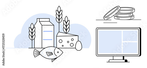 Milk carton, cheese, fish, eggs, grain, and computer screen with coins nearby. Ideal for e-commerce, online grocery, diet planning food delivery nutrition agriculture and supply chain simple flat