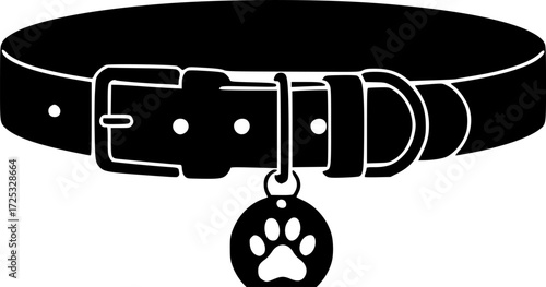 a black dog collar with a paw print tag, simple, vector illustration