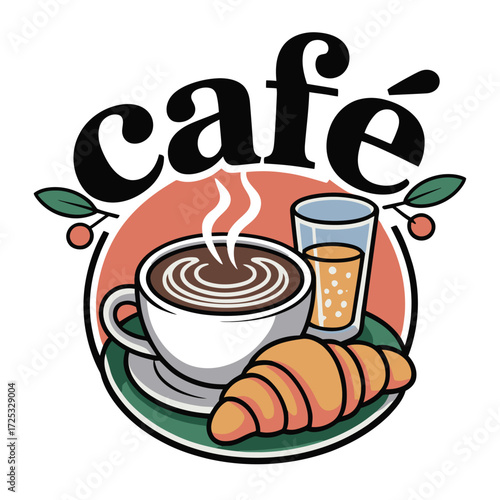 Morning meal with steaming beverage, fresh baked pastry, refreshing drink, delightful cafe experience