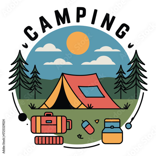 Camping outdoor nature recreation. Wilderness tent, travel adventure, summer vacation, forest escape, sunlit landscape.