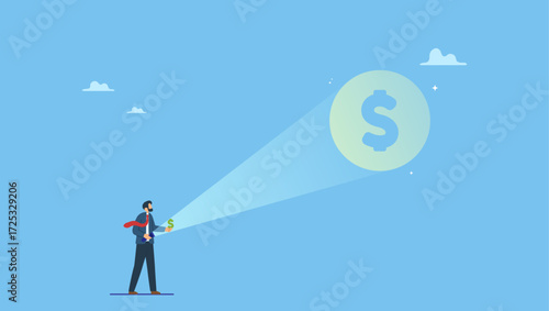 Businessman investor using flashlight aim at small dollar in his hand projecting big dollar money sign. Make money or increase earning from investment, salary or income increase, profitability.