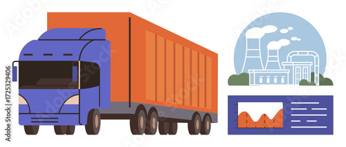 Cargo truck driving past industrial factory with chimneys and cooling towers, data chart overlay. Ideal for logistics, transportation, supply chain, industry, energy, analytics, sustainability