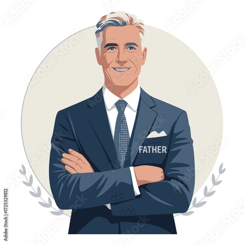 Father smiling man portrait. Crossed arms pose. Elegant suit. Laurel wreath. Professional adult. Confident executive.