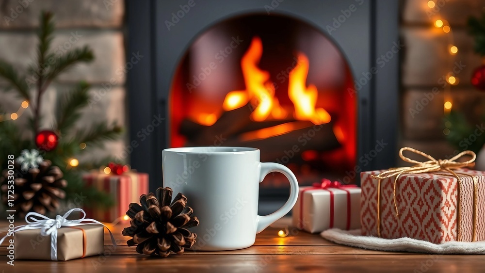 Fototapeta premium White ceramic mug mockup placed near fireplace with pinecones and wrapped gifts.