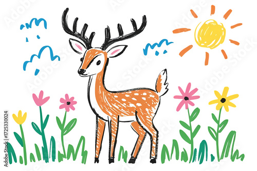 A cute, childlike depiction of a deer standing among various colorful flowers.