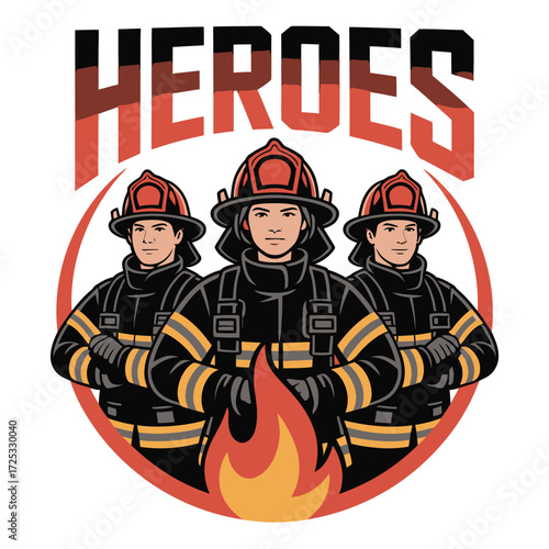 Firefighters heroes team emblem. Fireman team standing with fire on chest. Firefighters in uniform emblem.