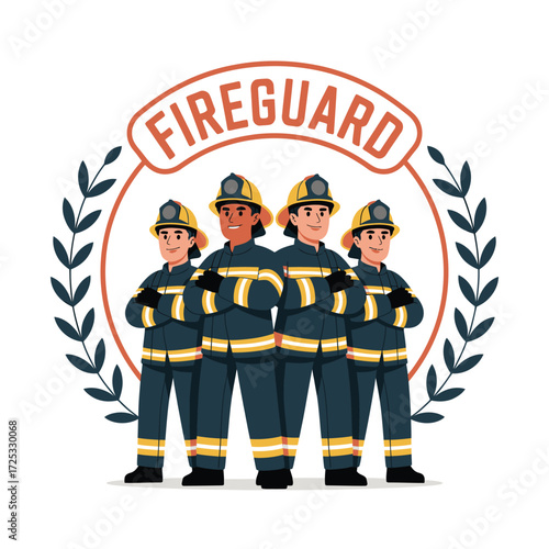 Firefighter team badge; four firefighters uniform; helmets; standing with arms crossed; professional emergency service; wreath frame.