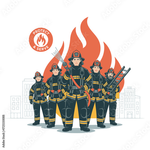 Brave firefighters team. Fire fighting equipment. City building fire. Protect serve brigade. Emergency rescue mission
