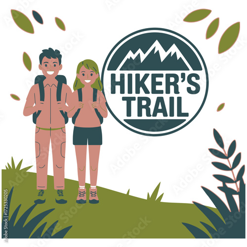 Joyful couple hiking, nature trail adventure, outdoor exploration, smiling backpackers, mountain excursion, park recreation