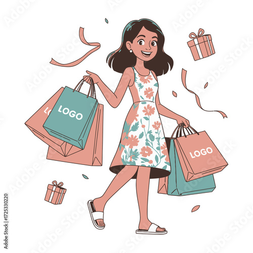 Cheerful woman carries shopping bags. Gift boxes and ribbons float around, symbolizing consumerism.