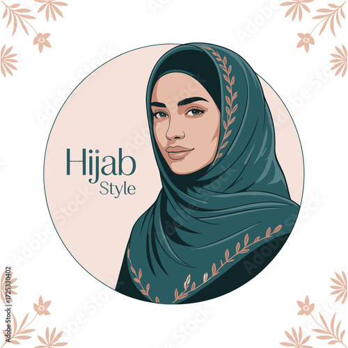Hijab style woman Muslim fashion portrait frame. Islamic headscarf, modest wear, traditional apparel illustration.