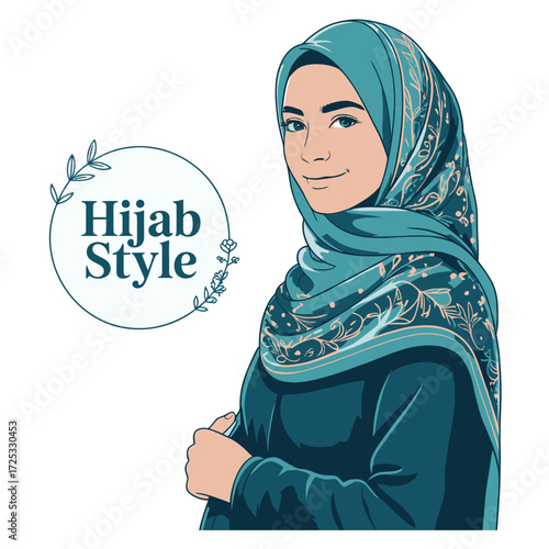 Hijab style. Woman wearing headscarf. Muslim fashion. Islamic clothing. Elegant portrait. Female culture tradition.