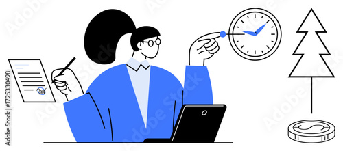 Woman multitasking with laptop, clock, report, pine tree, and coin representing productivity, time management, eco-consciousness, and financial growth. Ideal for office balance ecology economy