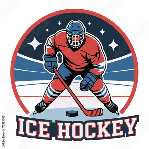 Ice hockey player in action. Sports emblem with stars and stripes. Dynamic athlete on ice with puck and stick.