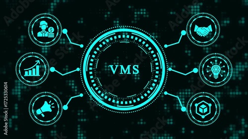 The vms concept is depicted with icons and glowing lines, representing vendor management system, supply chain optimization, and business process automation for enterprise solutions