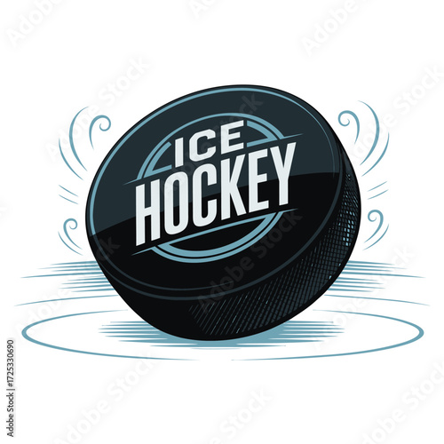 Ice hockey sport logo. Winter sport game equipment with text. Puck for sport competition emblem