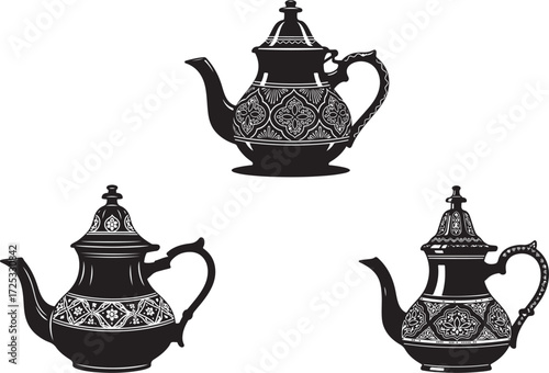 Ornate decorative teapots black white