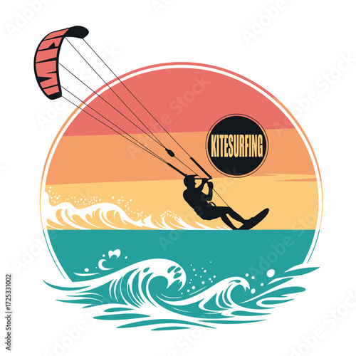 Dynamic kitesurfing adventure, ocean waves, sunset beach extreme sport, thrilling water recreation, surfer silhouette action