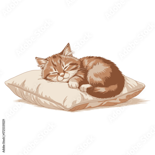 Small kitten sleeps soundly on pillow. Peaceful domestic cat rests comfortably on cushion.