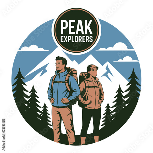 Hiking couple with backpacks in mountain landscape. Nature exploration. Outdoor adventure. Peak explorers expedition logotype