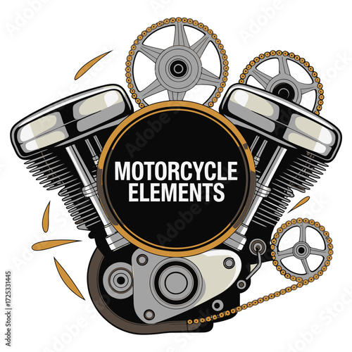V-twin motorcycle engine elements, bike components, mechanical gears, chain system, industrial mechanism.