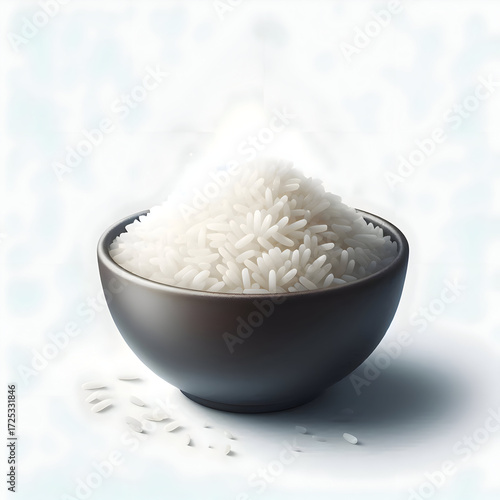 A ceramic bowl filled with steaming fluffy white rice, isolated on a clean white background. Realistic food illustration, minimal shadows, commercial clean design
