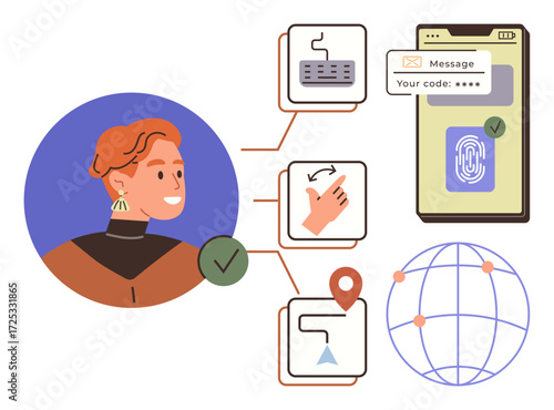 User authenticating identity via fingerprint, password, and code with global connectivity and security elements. Ideal for cybersecurity, technology, innovation, accessibility, data protection, IT