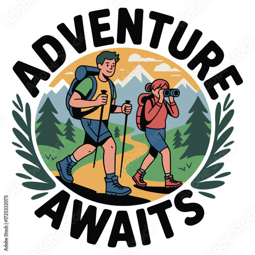 Outdoor activity, two explorers walking on trail, landscape journey, trekking lifestyle