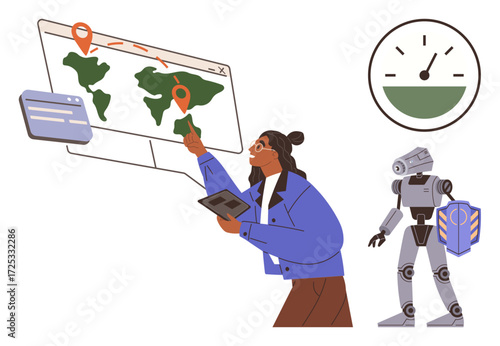 Person interacting with a global map and data, robot holding a shield, and a progress speed meter. Ideal for tech innovation, AI, data analysis, navigation, teamwork, futuristic themes simple flat
