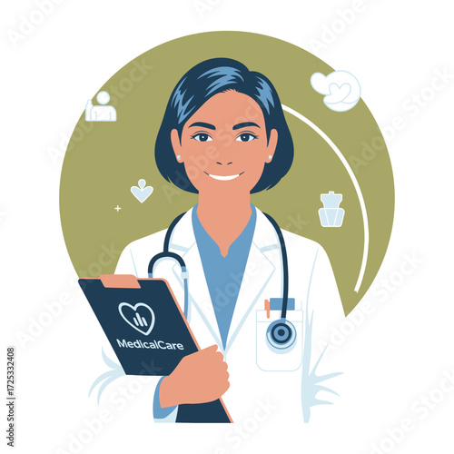 Smiling confident female doctor healthcare professional. Medical clipboard uniform stethoscope health general practitioner.