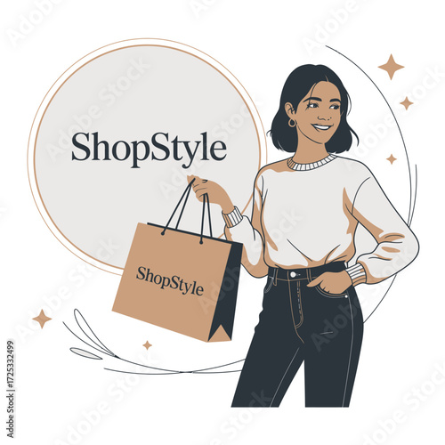 Smiling woman with shopping bag. Stylish frame and stars. Fashion, retail, consumerism, happy buyer.