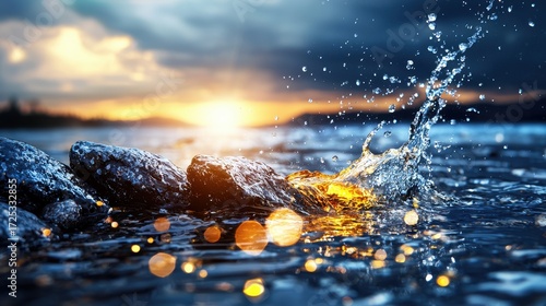 Water Splashing on Dark Rocks at Sunset