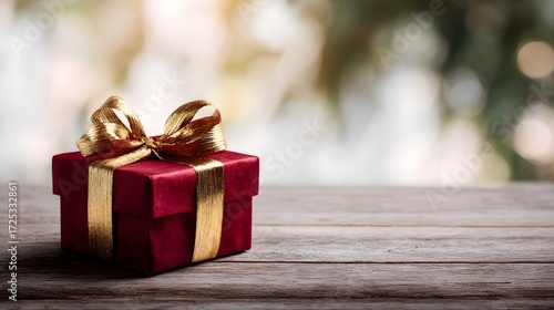 A beautifully wrapped red gift box with a golden ribbon placed on a rustic wooden surface with a soft luminous background ideal for festive occasions