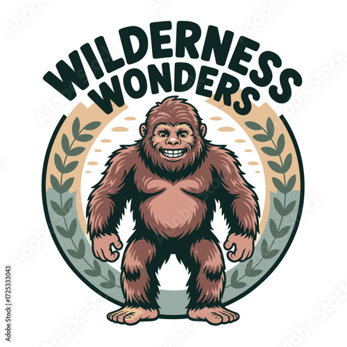 Wilderness wonders logo, bigfoot mascot, outdoor adventure, happy sasquatch, nature exploration