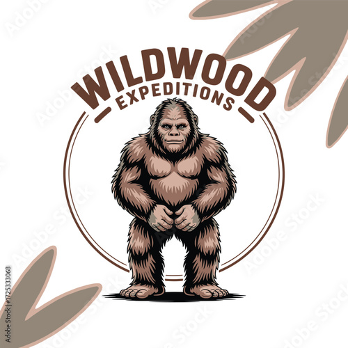 Wildwood Expeditions Bigfoot creature. Sasquatch monster emblem. mythical ape man. forest wildlife animal.