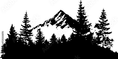 Silhouette of a tree in the forest, snow, winter, tree, forest, mountain, landscape, nature, pine, mountains, sky, cold, trees, white, fir, christmas, fog, vector, wood, frost, branch, evergreen