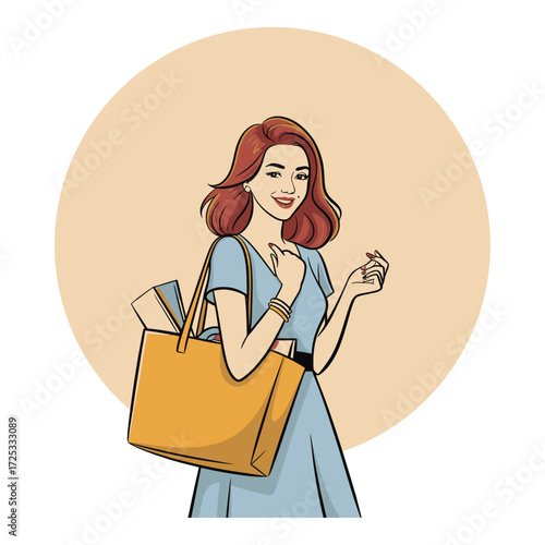 Woman with shopping bag looking at viewer, smiling. Woman, shopping bag, smiling, happy, consumer, fashion, lifestyle, retail.
