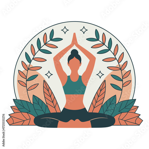 Female person practicing meditation with namaste hands in lotus position, tranquil nature scene, spiritual well-being