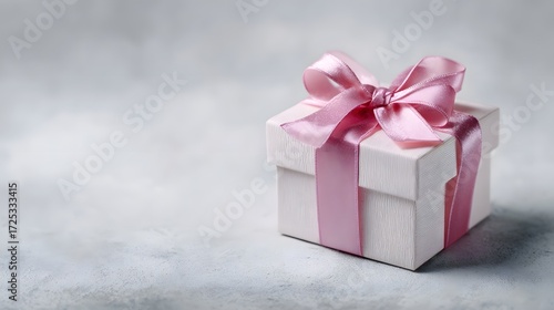 A beautifully wrapped gift box with a pink satin ribbon and bow sits on a textured light grey background