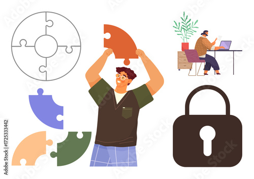 Man assembling puzzle piece, secure lock, remote workspace, green plant, laptop setup. Ideal for teamwork, problem-solving, innovation security focus remote work collaboration. Simple flat