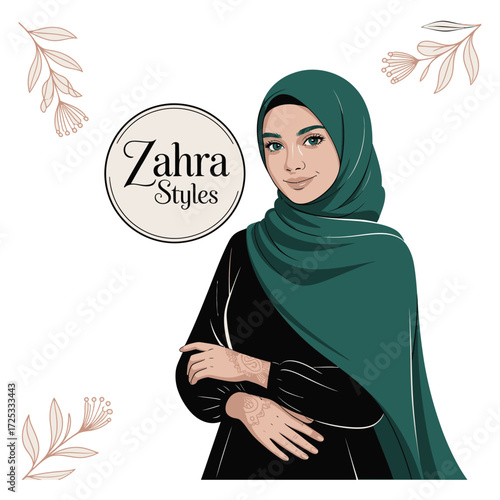 Muslim woman fashion portrait. Young female wearing traditional headscarf. Zahra Styles branding. Floral frame illustration.
